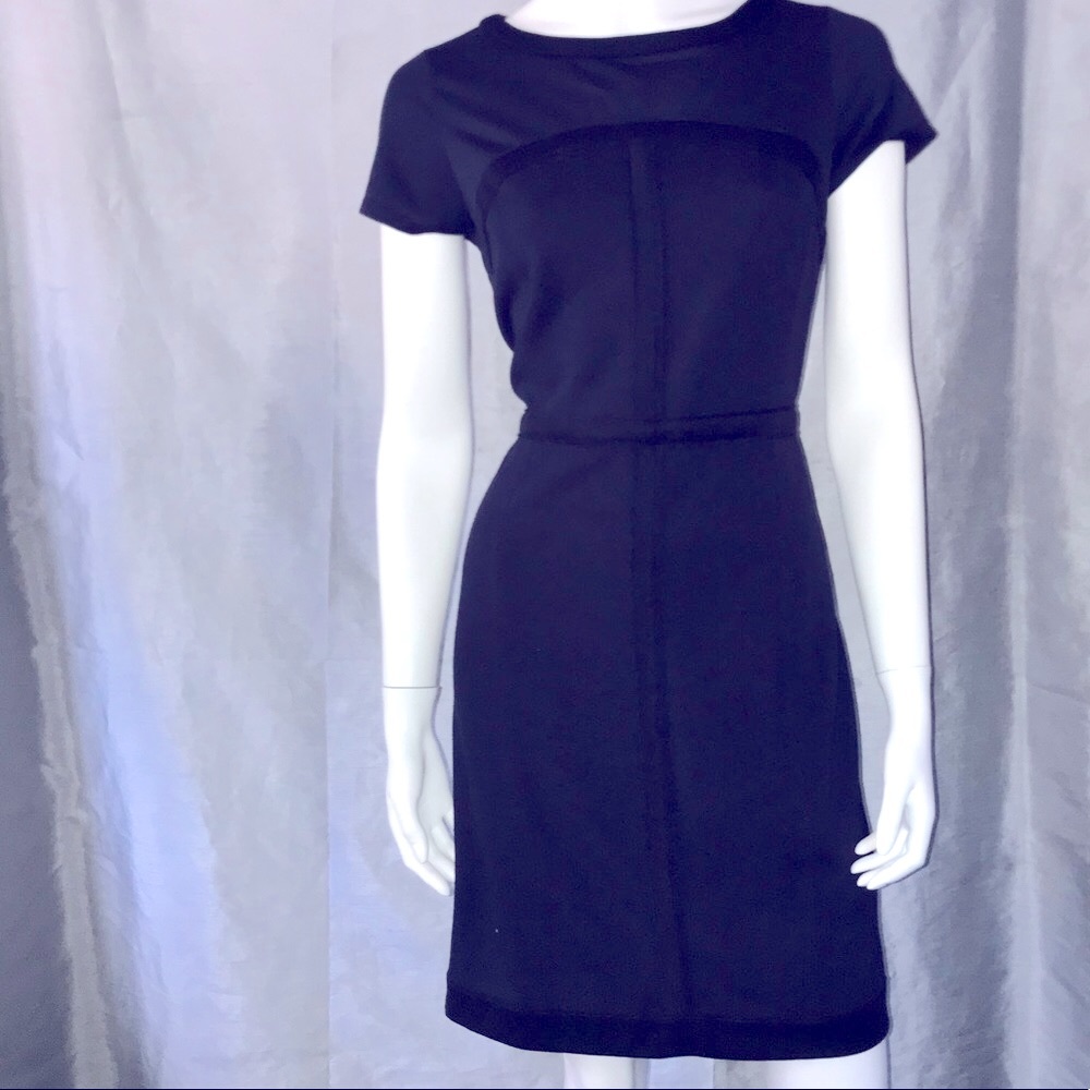 ANN TAYLOR PETITE | Career Navy Knit dress w/ Black trim